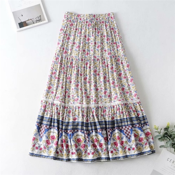013 Boho Blue Floral Print Ruffle Maxi Skirt Gypsy - Picture 9 of 11